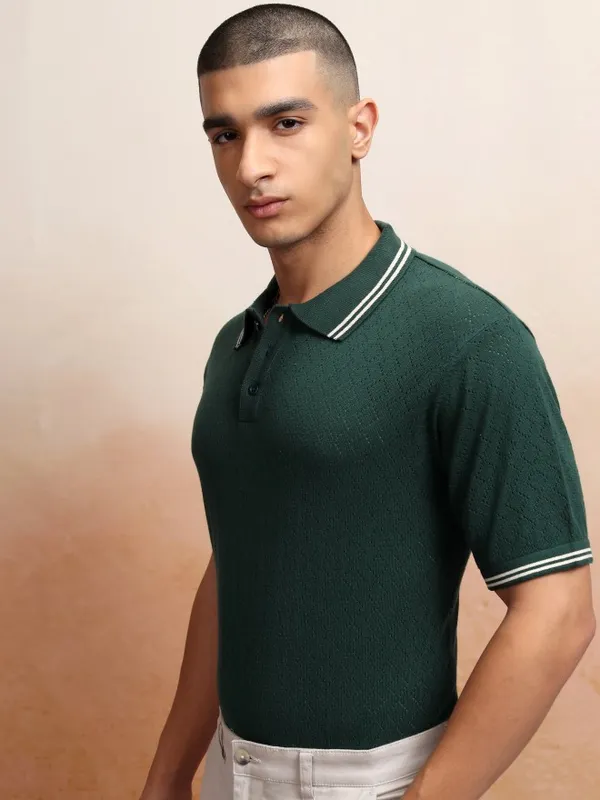 Highlander Men Green Self Design Polo Collar T-Shirt
