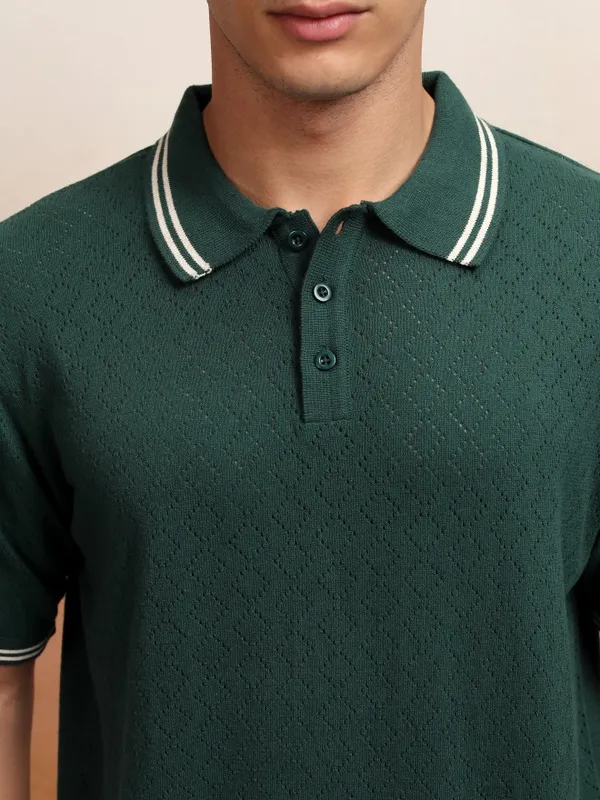 Highlander Men Green Self Design Polo Collar T-Shirt