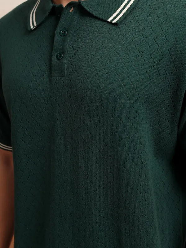 Highlander Men Green Self Design Polo Collar T-Shirt