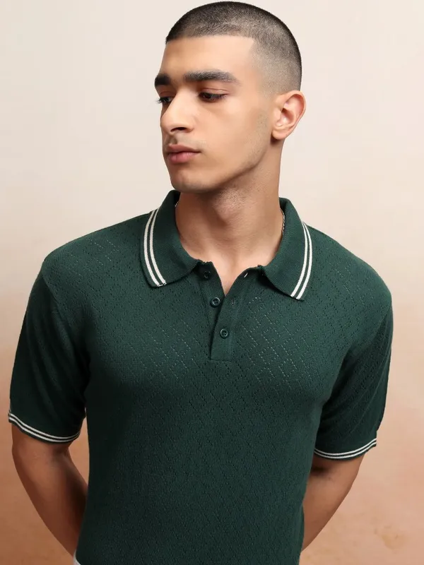 Highlander Men Green Self Design Polo Collar T-Shirt