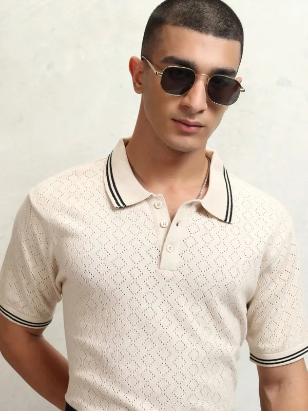 Highlander Men Off White Self Design Polo Collar T-Shirt