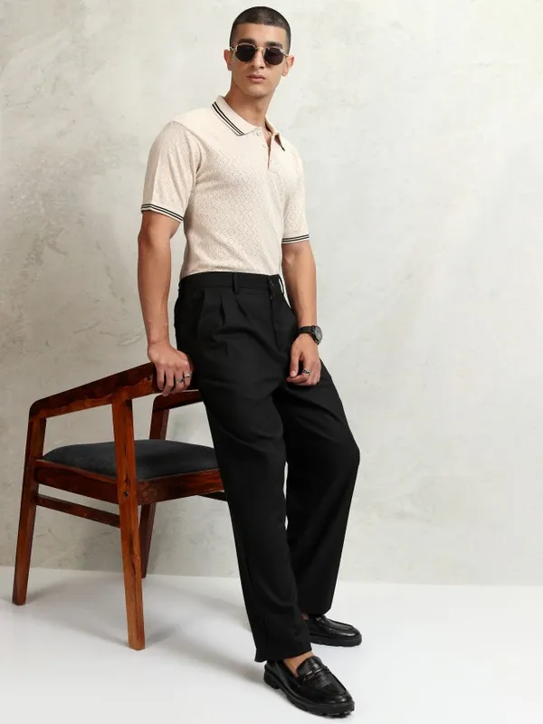 Highlander Men Off White Self Design Polo Collar T-Shirt