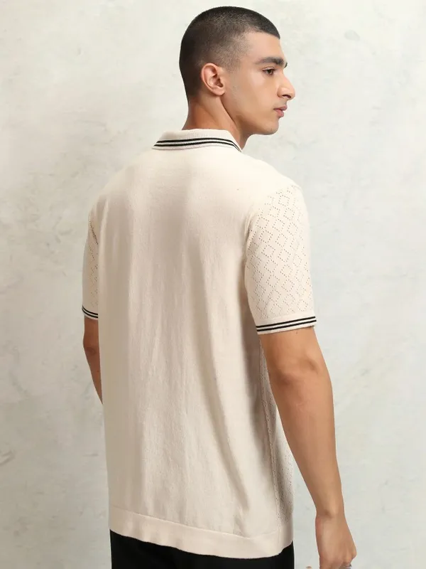 Highlander Men Off White Self Design Polo Collar T-Shirt