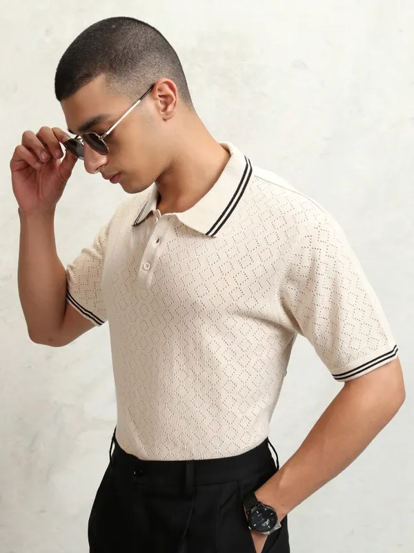 Highlander Men Off White Self Design Polo Collar T-Shirt