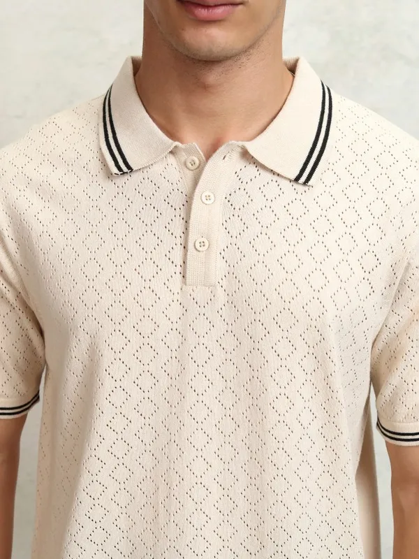 Highlander Men Off White Self Design Polo Collar T-Shirt