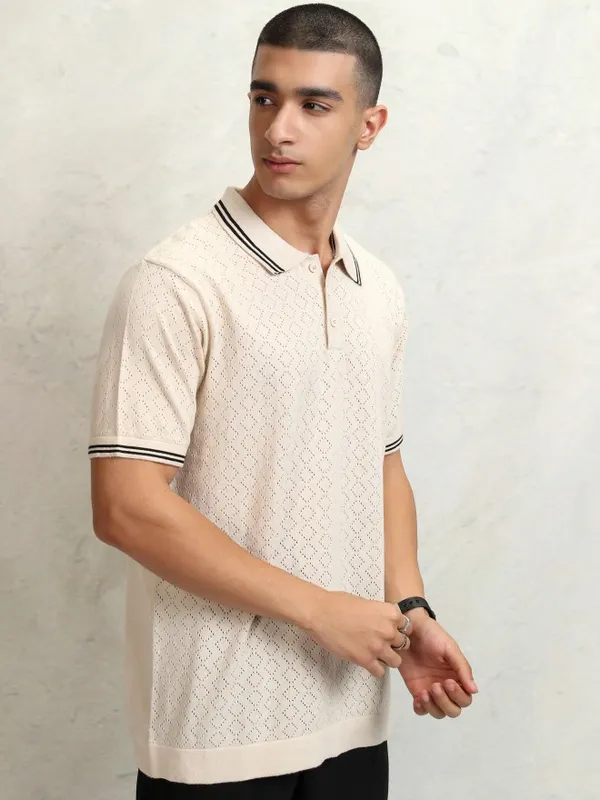 Highlander Men Off White Self Design Polo Collar T-Shirt