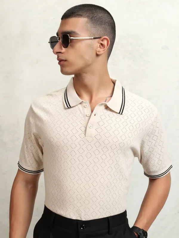 Highlander Men Off White Self Design Polo Collar T-Shirt