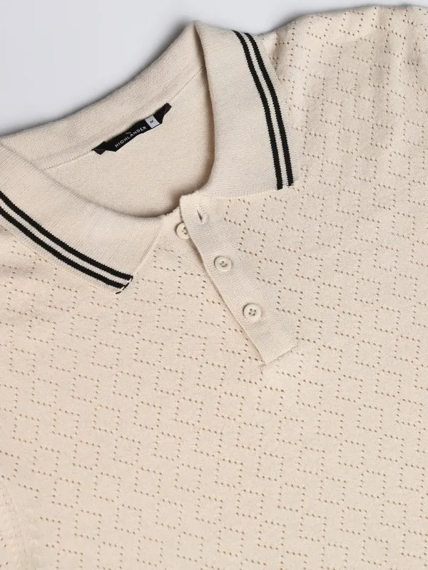 Highlander Men Off White Self Design Polo Collar T-Shirt