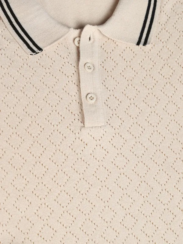 Highlander Men Off White Self Design Polo Collar T-Shirt