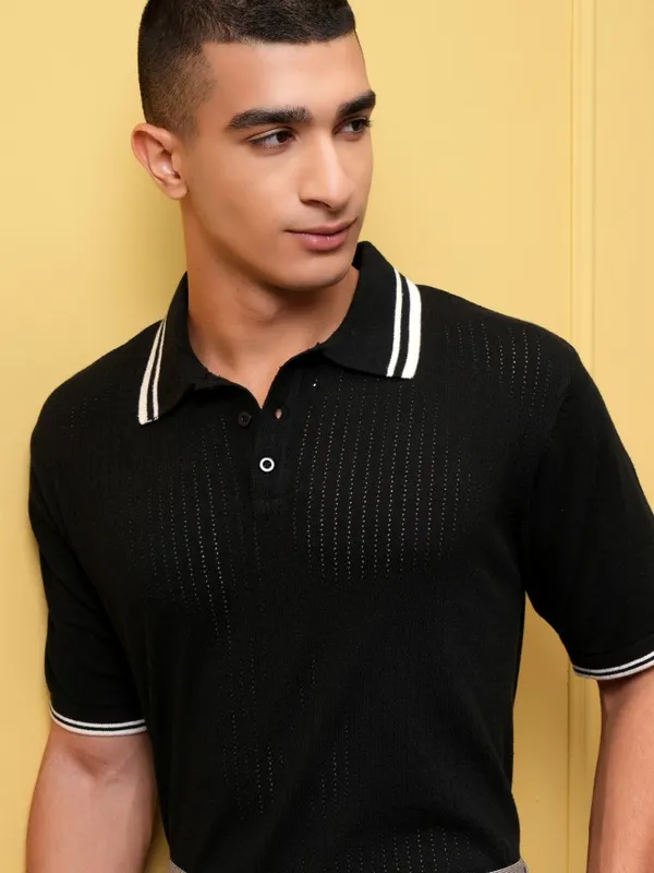 Highlander Men Black Self Design Polo Collar T-Shirt
