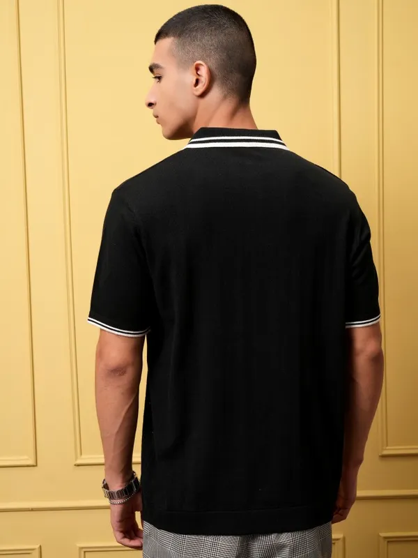 Highlander Men Black Self Design Polo Collar T-Shirt