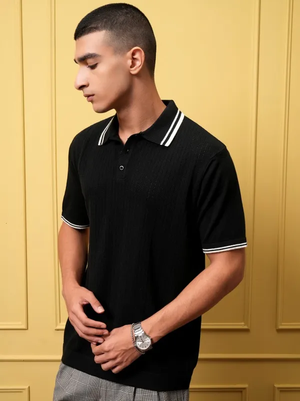 Highlander Men Black Self Design Polo Collar T-Shirt