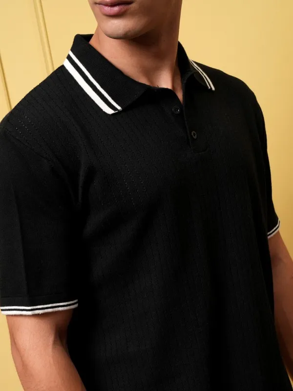 Highlander Men Black Self Design Polo Collar T-Shirt