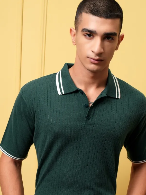 Highlander Men Green Self Design Polo Collar T-Shirt