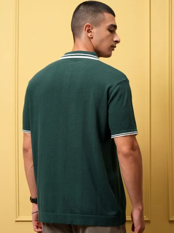 Highlander Men Green Self Design Polo Collar T-Shirt