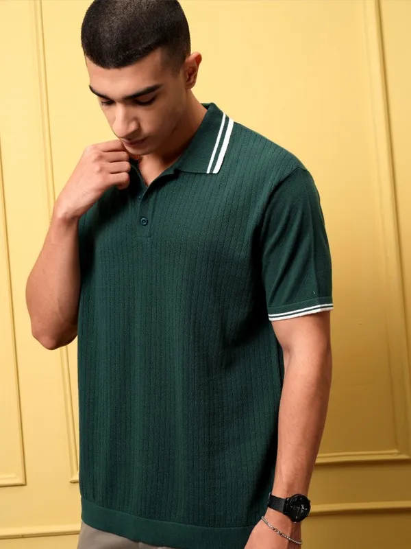 Highlander Men Green Self Design Polo Collar T-Shirt