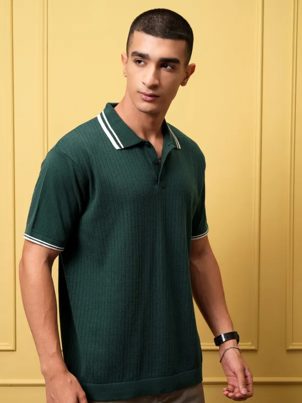 Highlander Men Green Self Design Polo Collar T-Shirt
