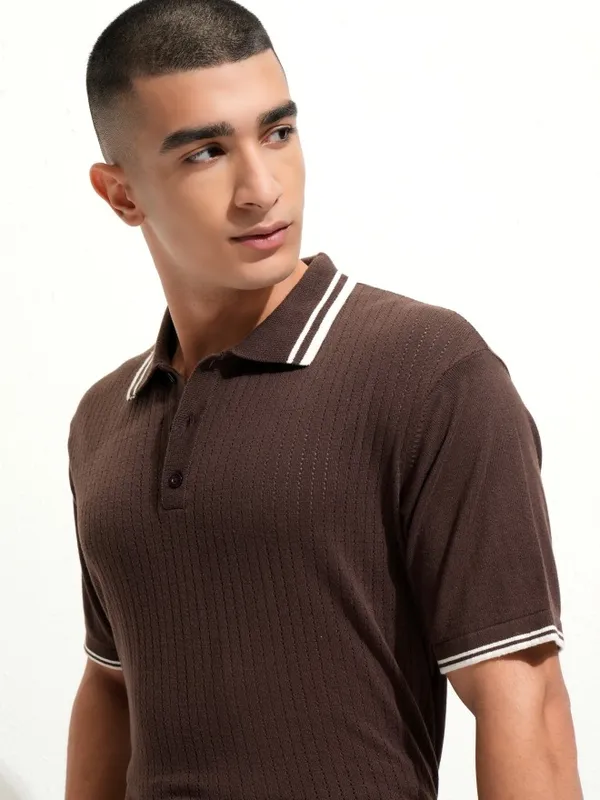 Highlander Men Brown Self Design Polo Collar T-Shirt