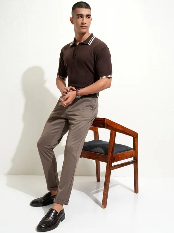 Highlander Men Brown Self Design Polo Collar T-Shirt