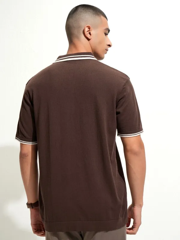 Highlander Men Brown Self Design Polo Collar T-Shirt