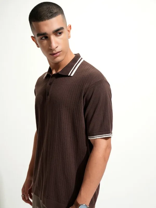 Highlander Men Brown Self Design Polo Collar T-Shirt