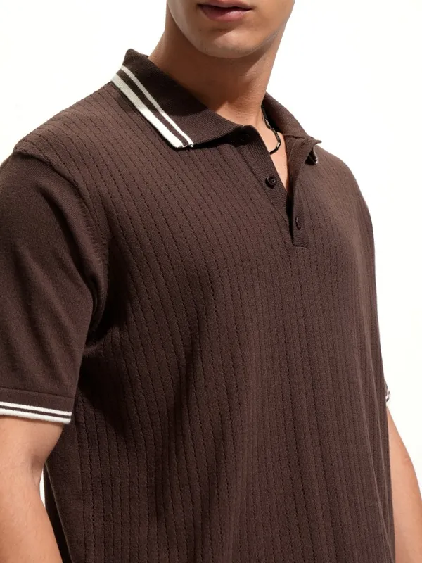 Highlander Men Brown Self Design Polo Collar T-Shirt