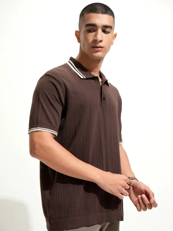 Highlander Men Brown Self Design Polo Collar T-Shirt