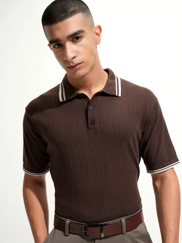Highlander Men Brown Self Design Polo Collar T-Shirt