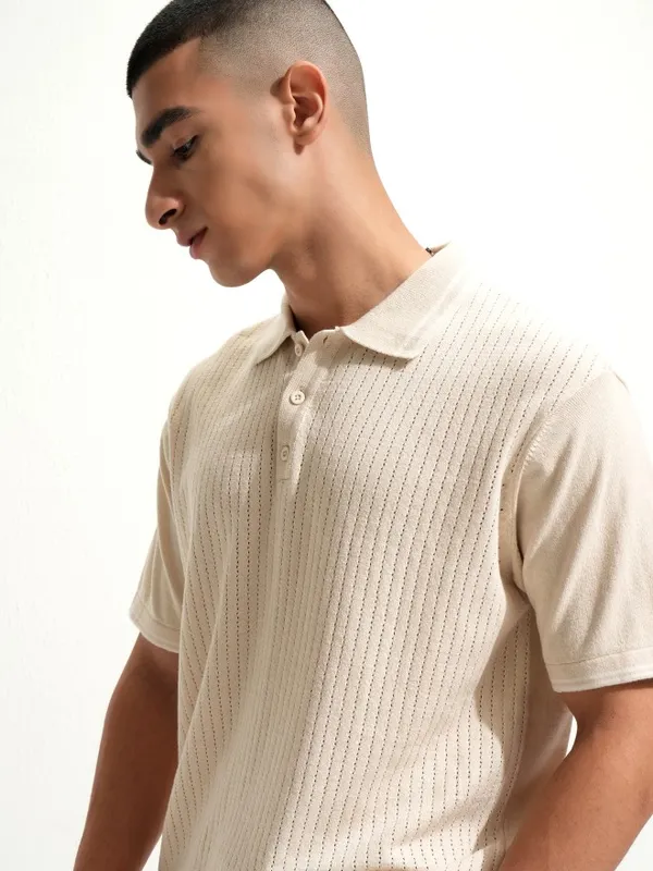 Highlander Men Off White Self Design Polo Collar T-Shirt