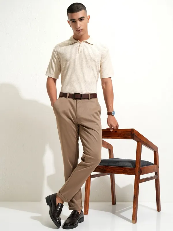 Highlander Men Off White Self Design Polo Collar T-Shirt