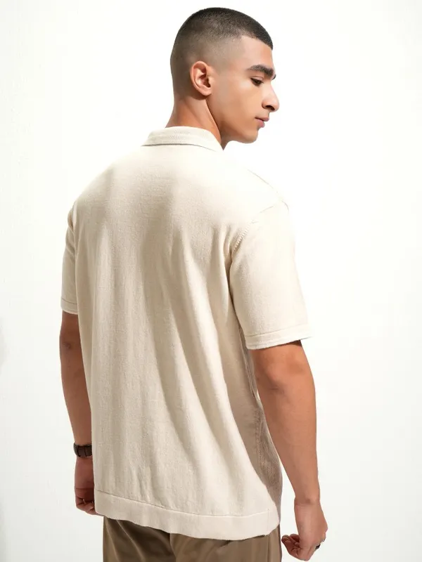 Highlander Men Off White Self Design Polo Collar T-Shirt