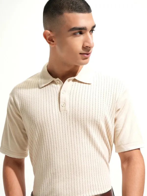 Highlander Men Off White Self Design Polo Collar T-Shirt