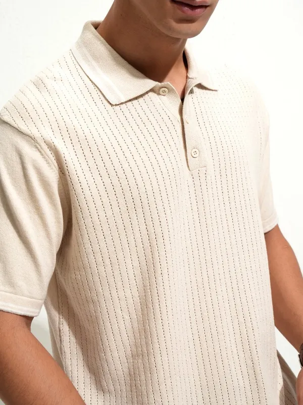 Highlander Men Off White Self Design Polo Collar T-Shirt