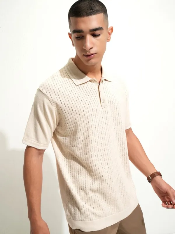 Highlander Men Off White Self Design Polo Collar T-Shirt