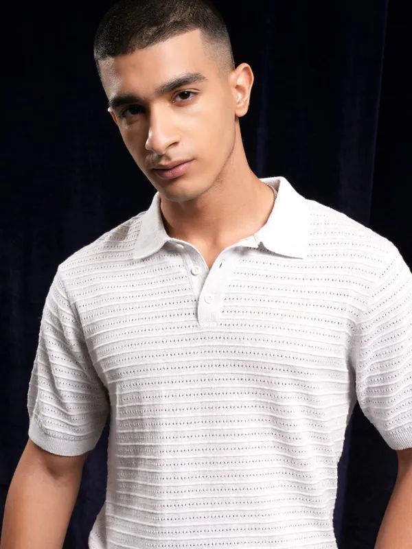 Highlander Men White Self Design Polo Collar T-Shirt