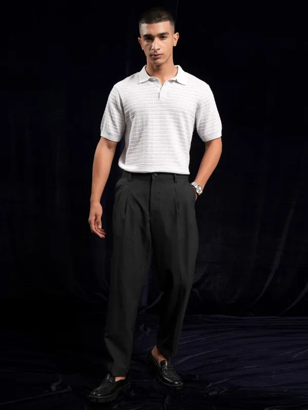 Highlander Men White Self Design Polo Collar T-Shirt