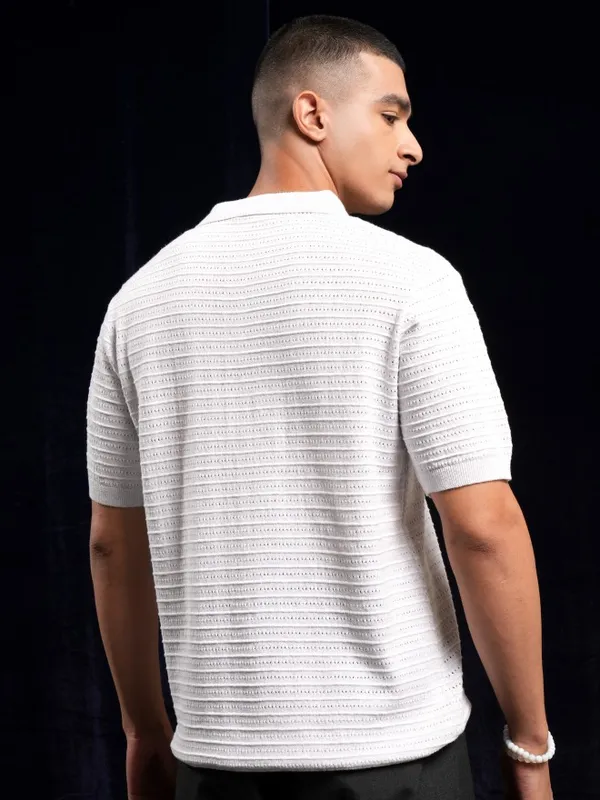 Highlander Men White Self Design Polo Collar T-Shirt