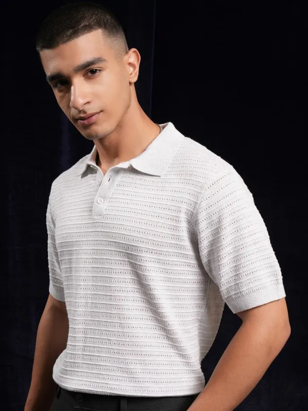 Highlander Men White Self Design Polo Collar T-Shirt