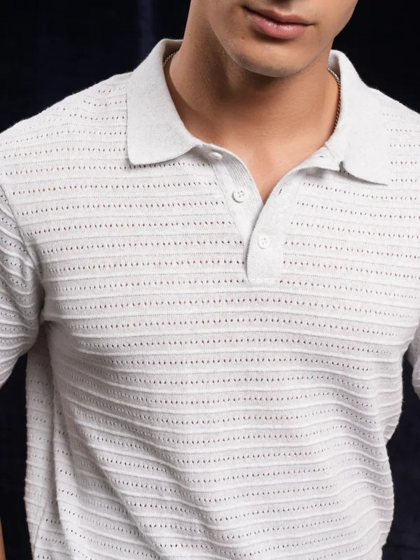 Highlander Men White Self Design Polo Collar T-Shirt