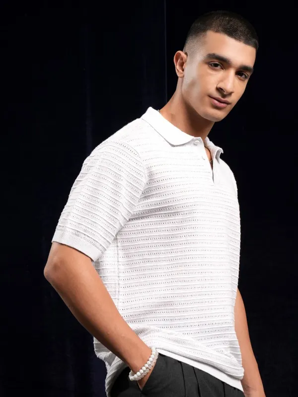 Highlander Men White Self Design Polo Collar T-Shirt