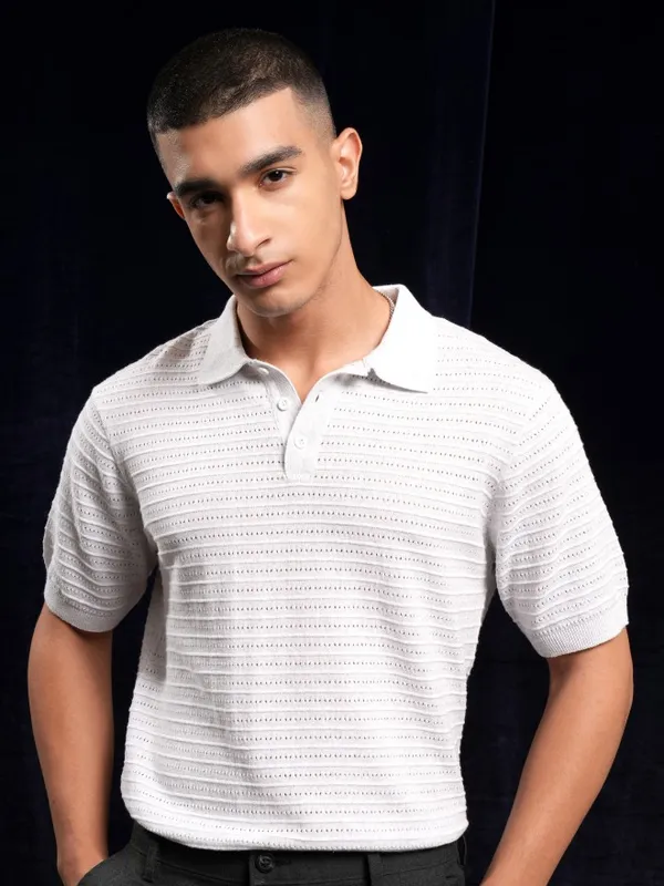 Highlander Men White Self Design Polo Collar T-Shirt