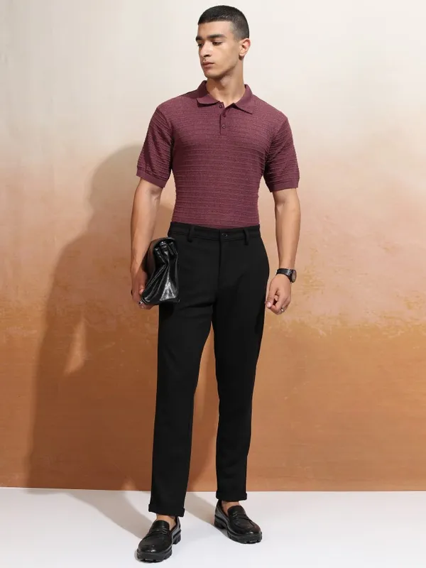 Highlander Men Burgundy Self Design Polo Collar T-Shirt
