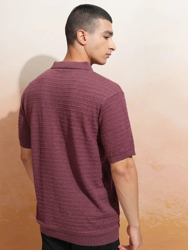 Highlander Men Burgundy Self Design Polo Collar T-Shirt
