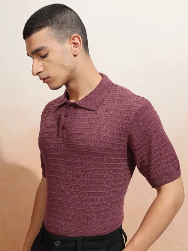 Highlander Men Burgundy Self Design Polo Collar T-Shirt
