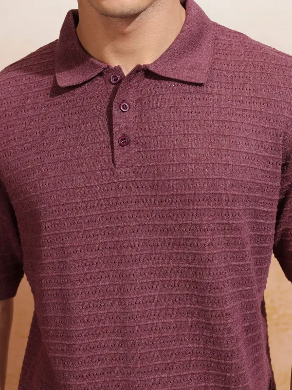 Highlander Men Burgundy Self Design Polo Collar T-Shirt
