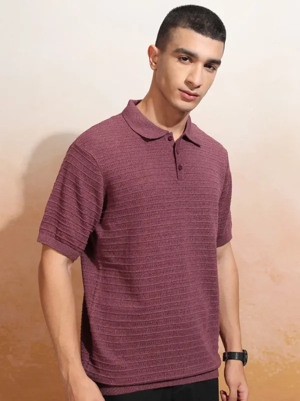 Highlander Men Burgundy Self Design Polo Collar T-Shirt
