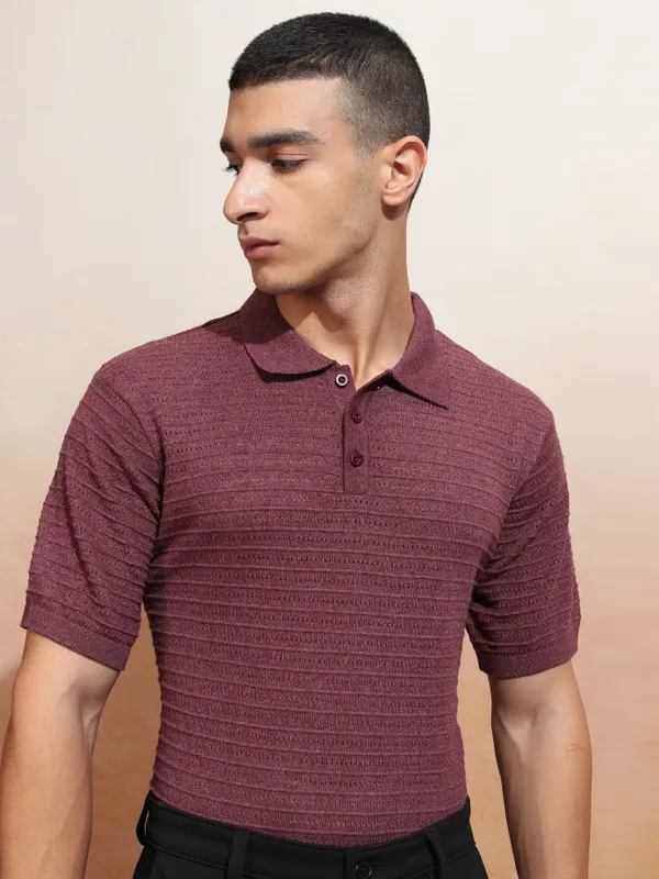 Highlander Men Burgundy Self Design Polo Collar T-Shirt
