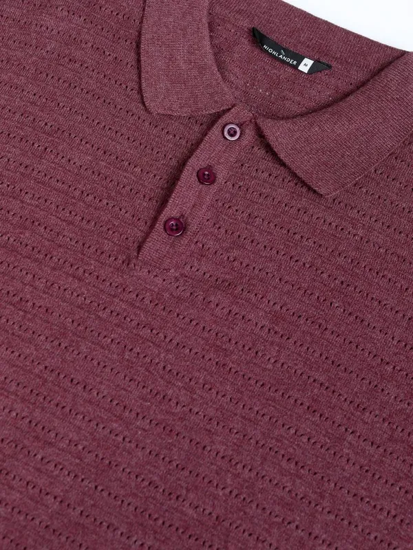 Highlander Men Burgundy Self Design Polo Collar T-Shirt
