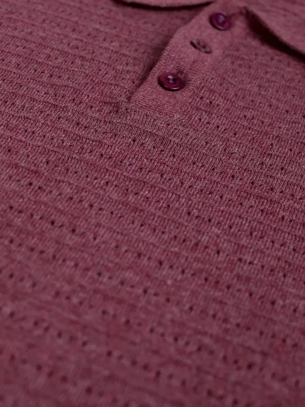 Highlander Men Burgundy Self Design Polo Collar T-Shirt
