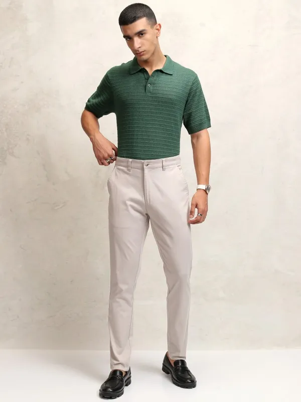 Highlander Men Green Self Design Polo Collar T-Shirt